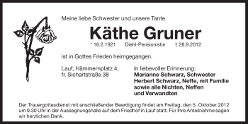 Traueranzeige von Käthe Gruner von Pegnitz-Zeitung